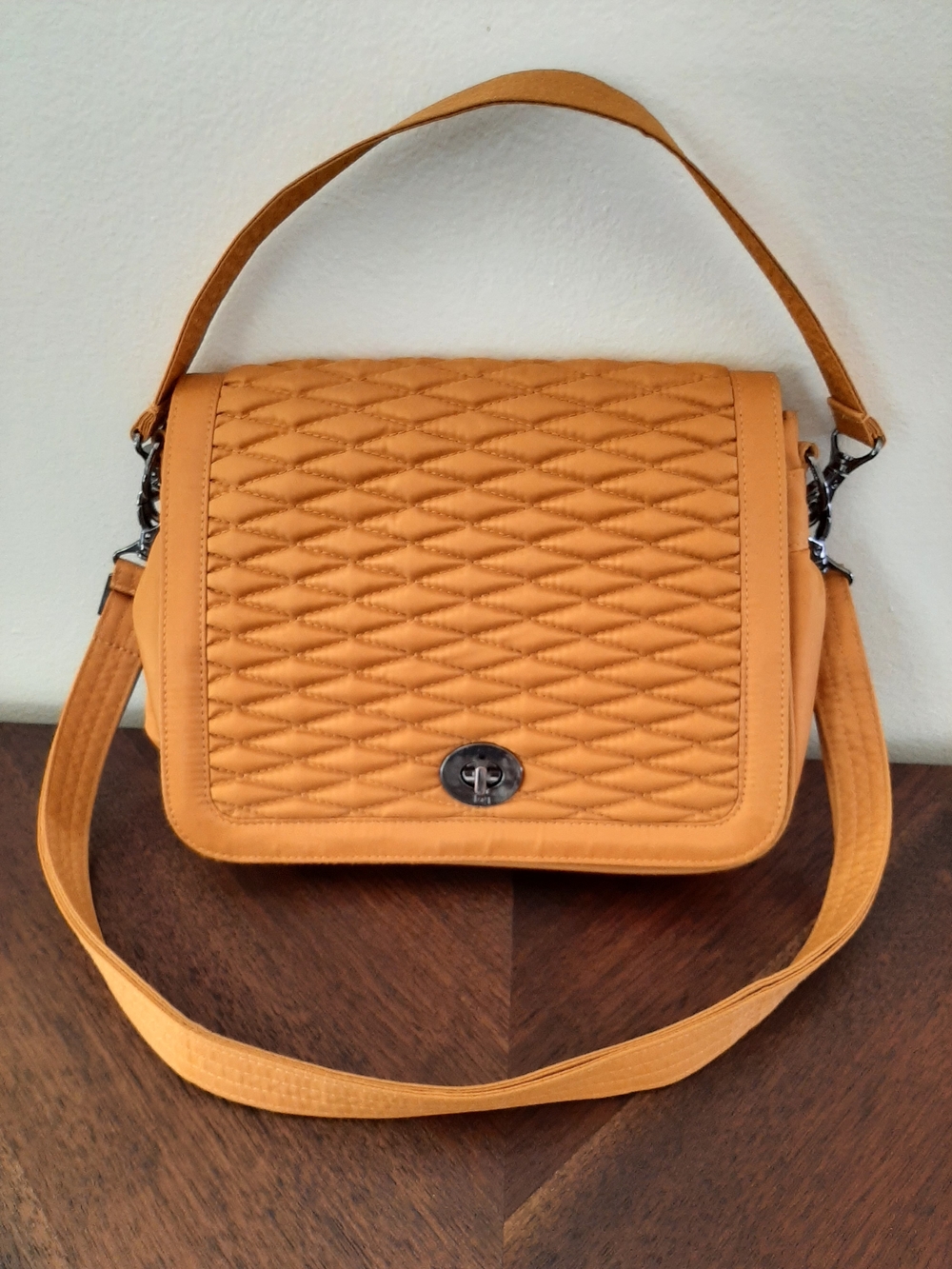 Lug Quilted Crossbody Shoulder Bag in Bark Orange Removable Top Handle/Strap.